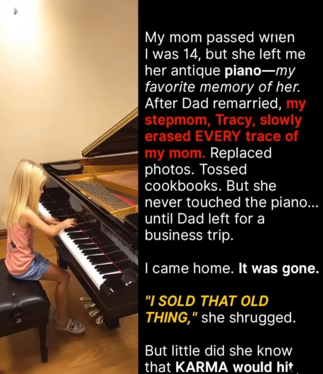My Stepmom Sold My Late Mom’s Piano to Erase Her — She Never Expected What Came Next