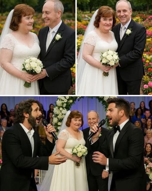 Susan Boyle surprised the world by walking down the aisle in a fairy-tale wedding, officially tying the knot after years of keeping her love life private. But the most breathtaking moment came when two vocal powerhouses—Josh Groban and Adam Lambert—made an unannounced appearance. Together, they performed a heartfelt ballad as a gift to the newlyweds. Their voices blended in perfect harmony under shimmering lights, and as Susan shed tears of joy, the crowd was visibly moved. The outdoor venue, filled with 20,000 guests, fell into a hush, overwhelmed by the emotion and magic of the moment. It was a wedding for the ages—one no one will ever forget.
